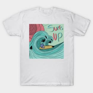 Skull on a surf board riding a wave T-Shirt